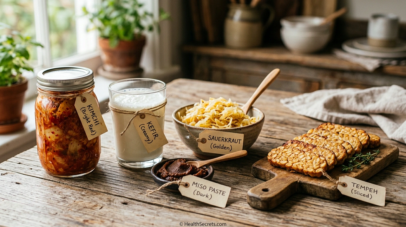 Five fermented foods for gut health including kimchi, kefir, sauerkraut, miso, and tempeh