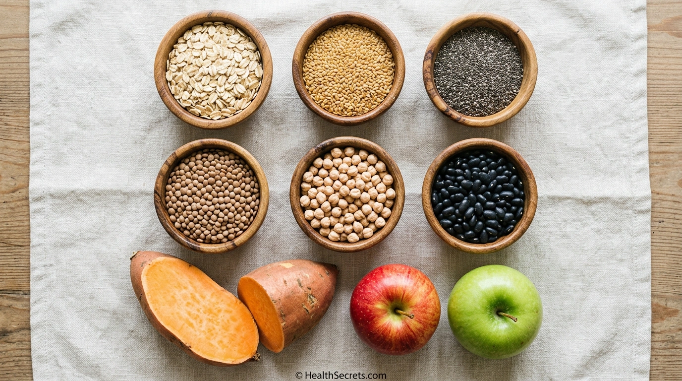 Fiber-rich foods for gut health including oats, flaxseeds, chia seeds, legumes, sweet potatoes, and apples