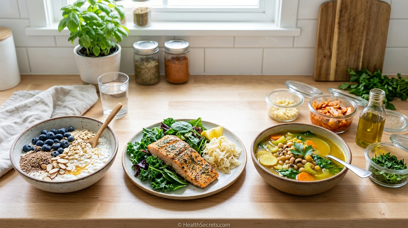 Three gut-healing meals showing breakfast, lunch, and dinner incorporating foods from all six categories