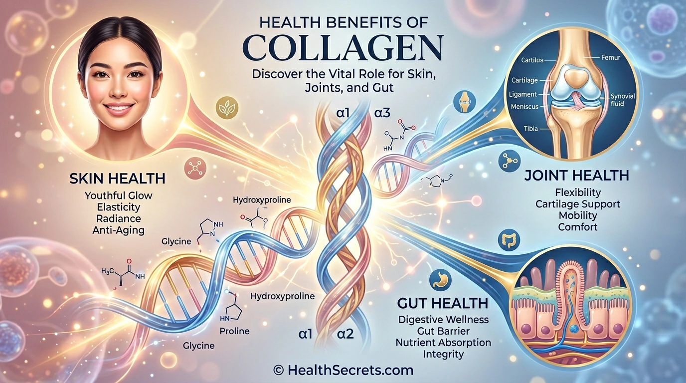 Colorful flat-lay of 30 gut-healing foods organized by six categories on a wooden cutting board