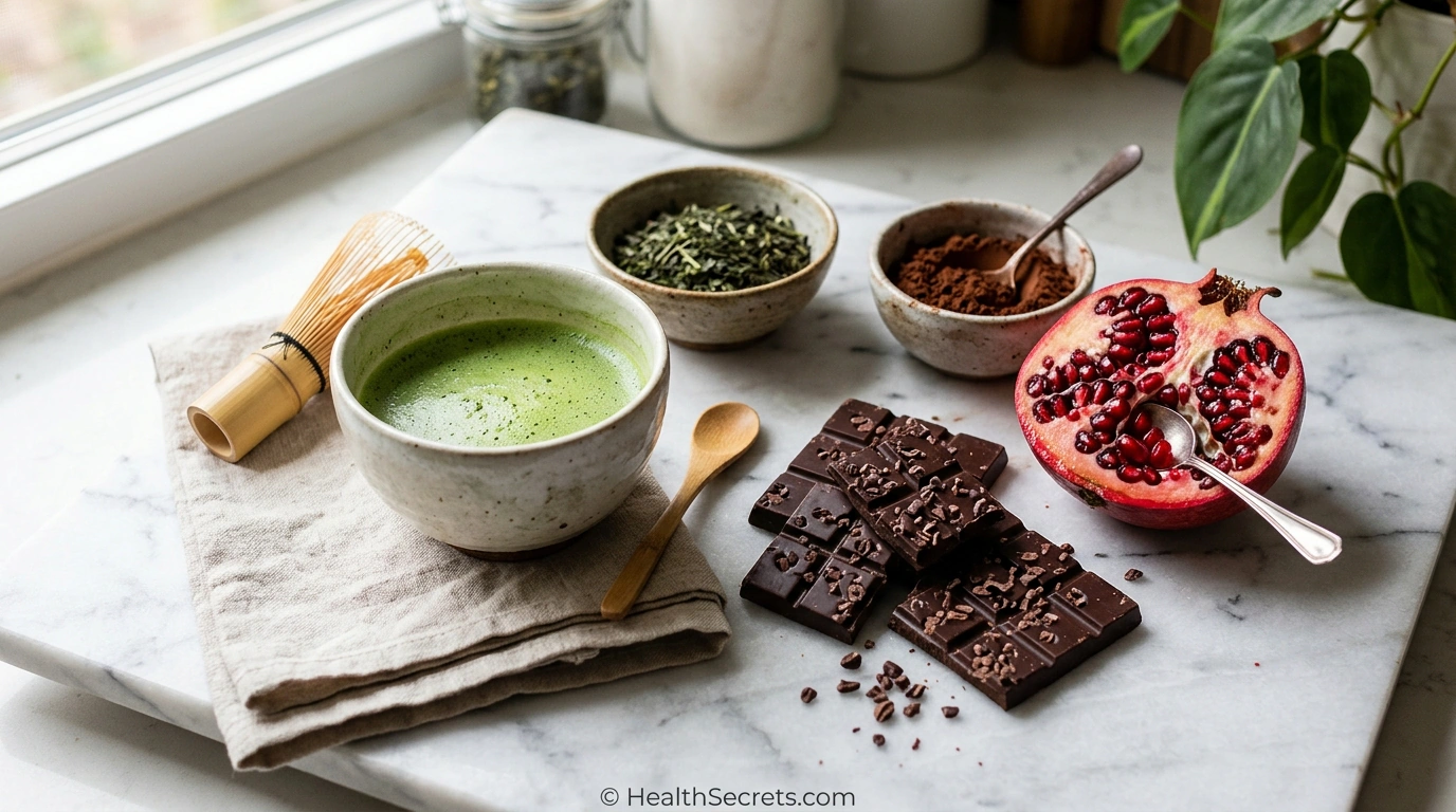 Polyphenol-rich foods including green tea, dark chocolate, and pomegranate for gut microbiome health