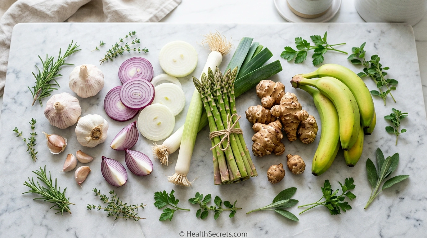 Prebiotic-rich foods including garlic, onions, leeks, asparagus, Jerusalem artichokes, and green bananas