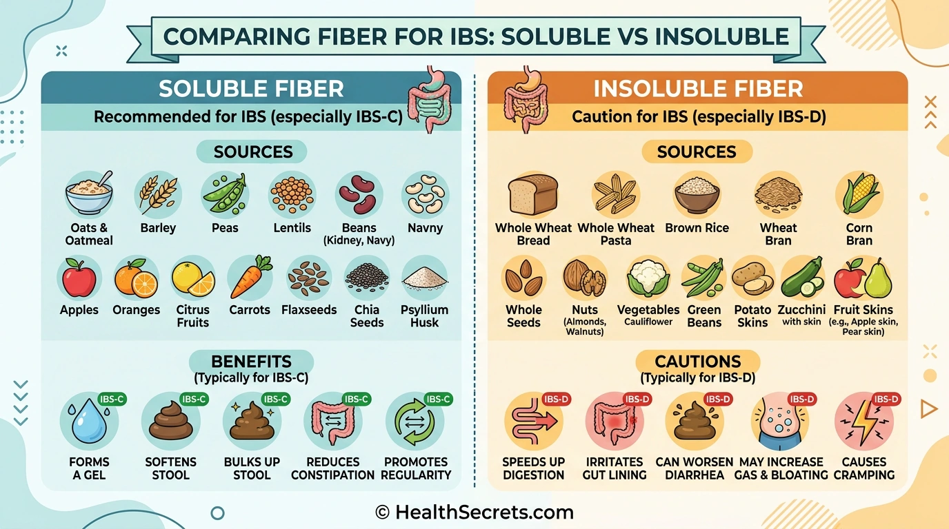 Soluble vs insoluble fiber comparison for IBS showing best sources and which IBS subtype each benefits
