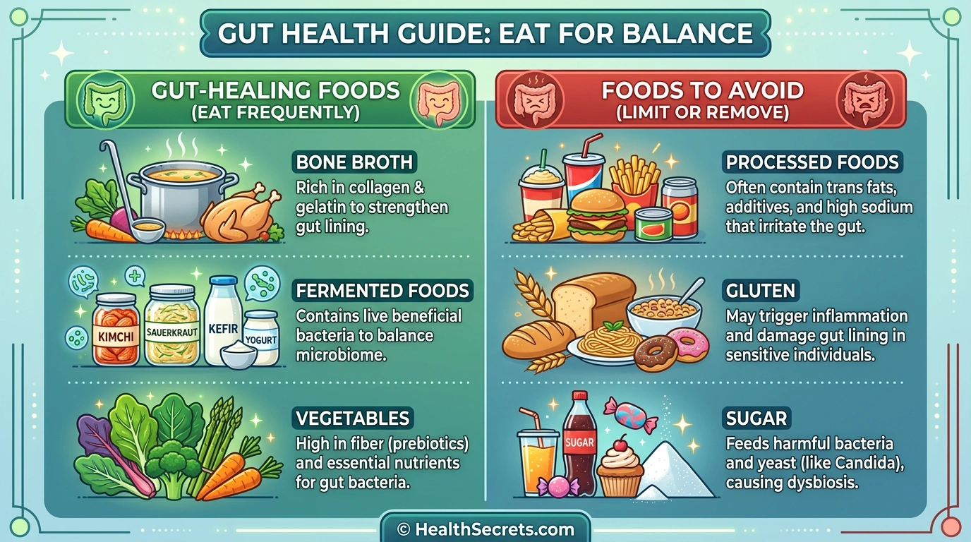 Leaky gut healing foods versus foods to avoid side-by-side comparison