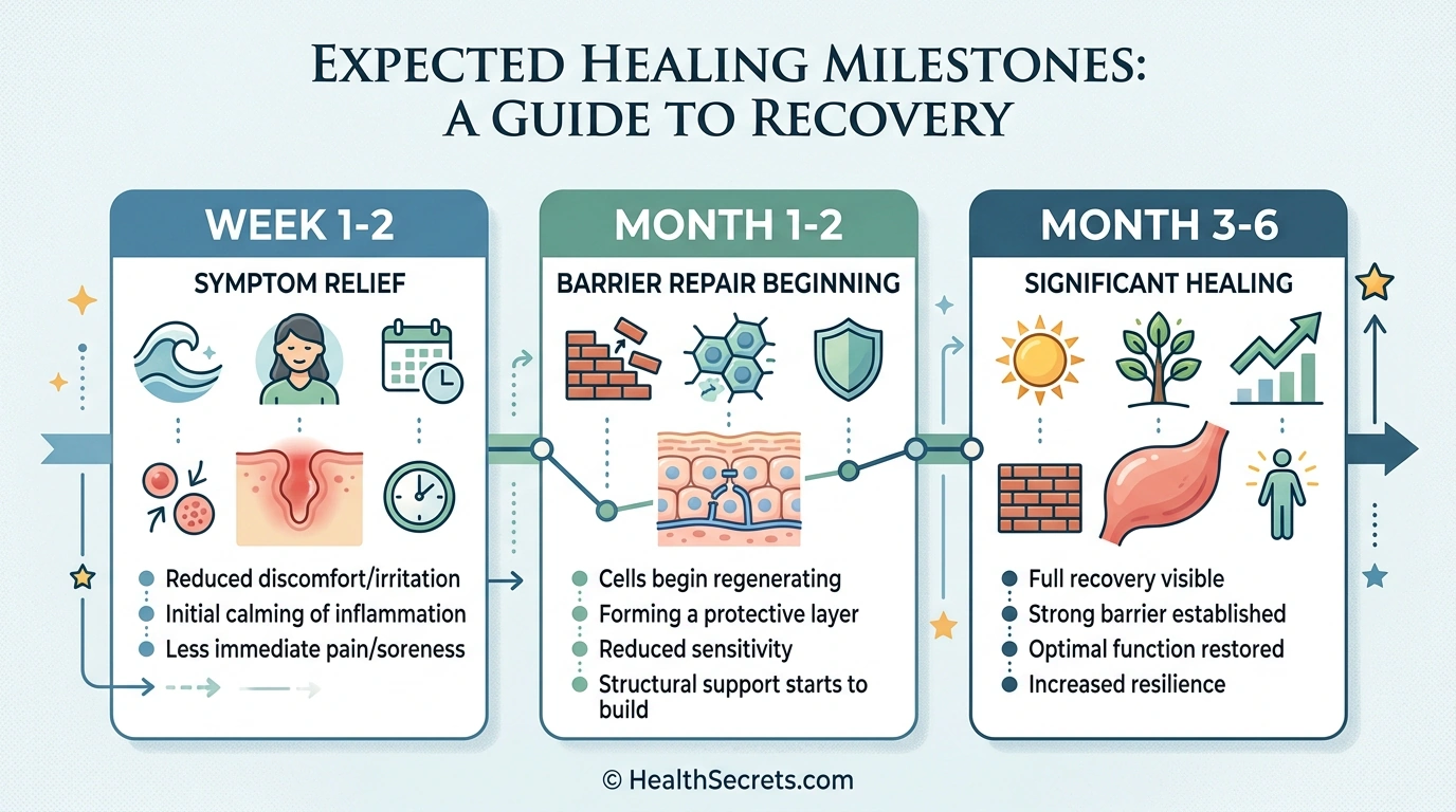 Leaky gut healing timeline showing expected milestones from initial relief through complete barrier repair