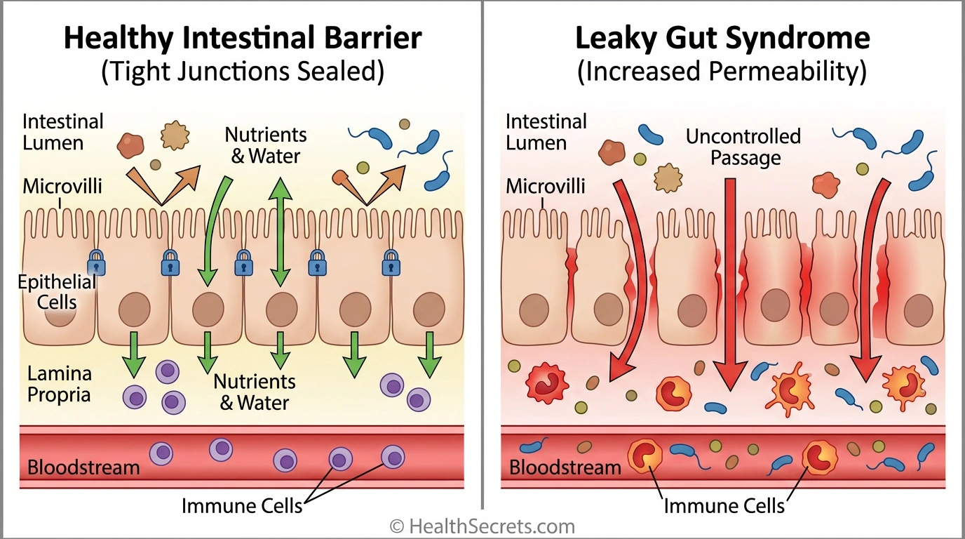 Healthy gut barrier vs leaky gut comparison showing intact versus damaged tight junctions