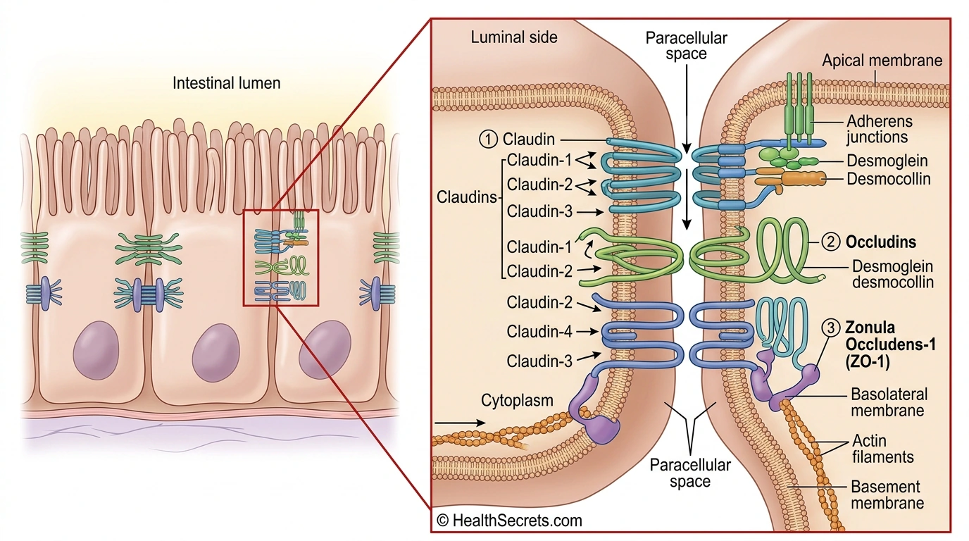 Intestinal tight junction protein diagram showing claudins, occludins, and zonula occludens