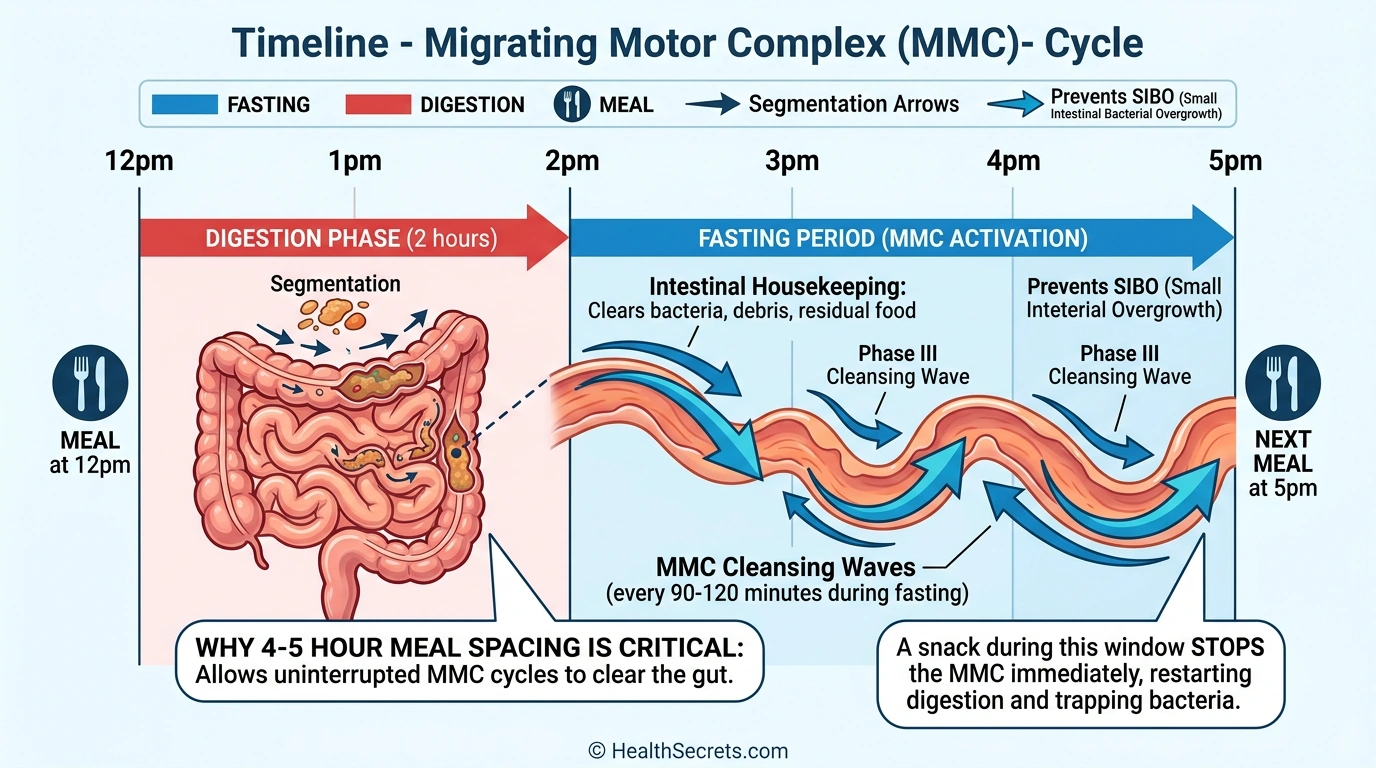 Migrating motor complex MMC timeline showing how 4-5 hour meal spacing activates gut cleansing waves between meals