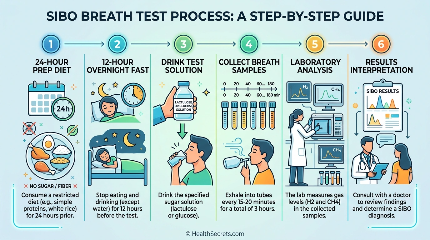 SIBO breath test process infographic showing six steps from preparation through results interpretation