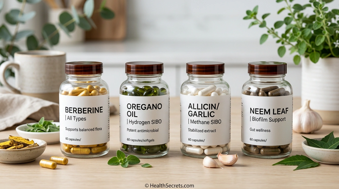 Four key SIBO herbal antimicrobials: berberine, oregano oil, allicin, and neem supplements with labeled uses