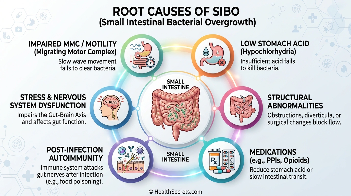 Six root causes of SIBO arranged in a circular diagram around the small intestine including impaired motility, low acid, medications, and stress