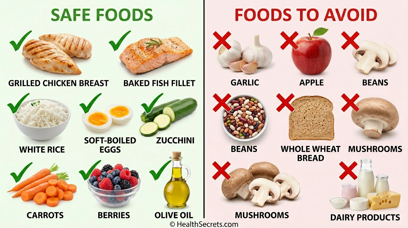 SIBO diet food guide showing safe low-FODMAP foods with checkmarks and high-FODMAP foods to avoid with X marks
