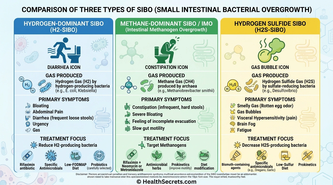 Three types of SIBO comparison infographic showing hydrogen, methane IMO, and hydrogen sulfide SIBO with symptoms and treatments