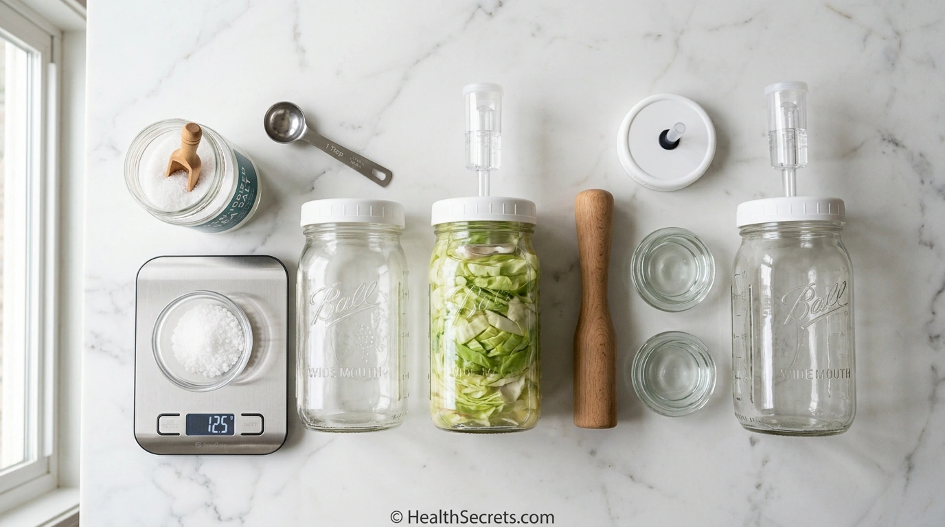 Essential home fermentation equipment including mason jars, glass weights, airlock lids, salt, and kitchen scale arranged on a white surface
