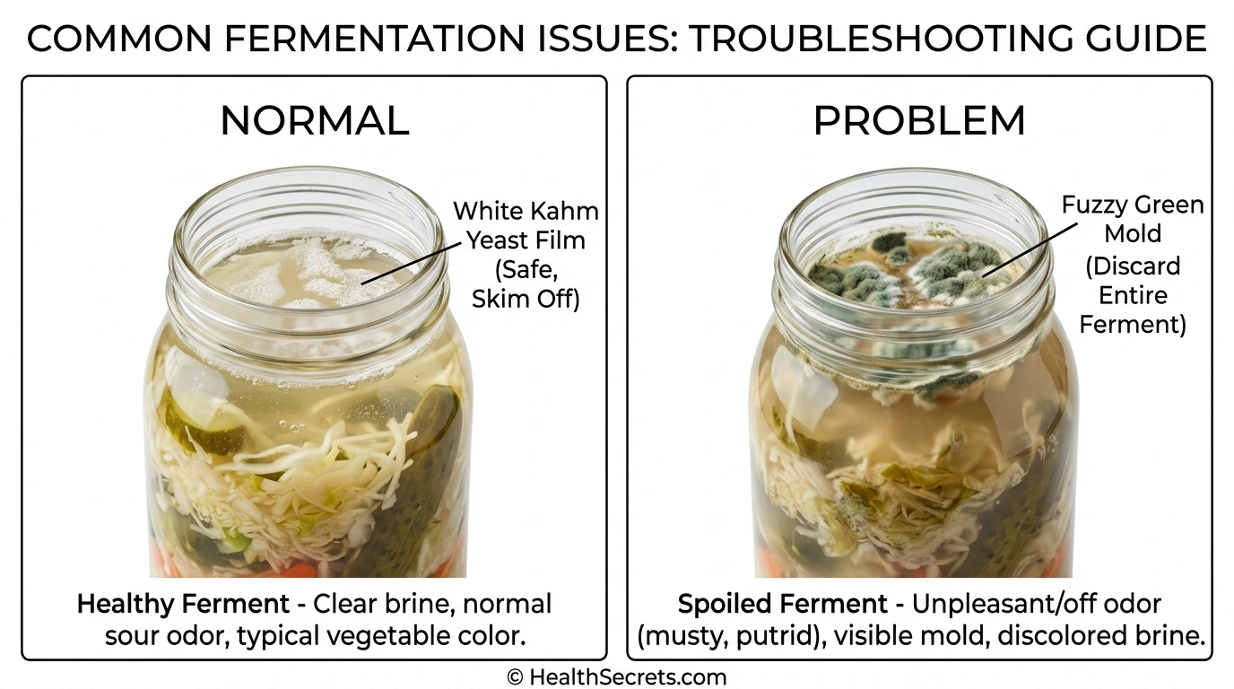 Comparison of normal fermentation with kahm yeast versus problematic mold growth for troubleshooting