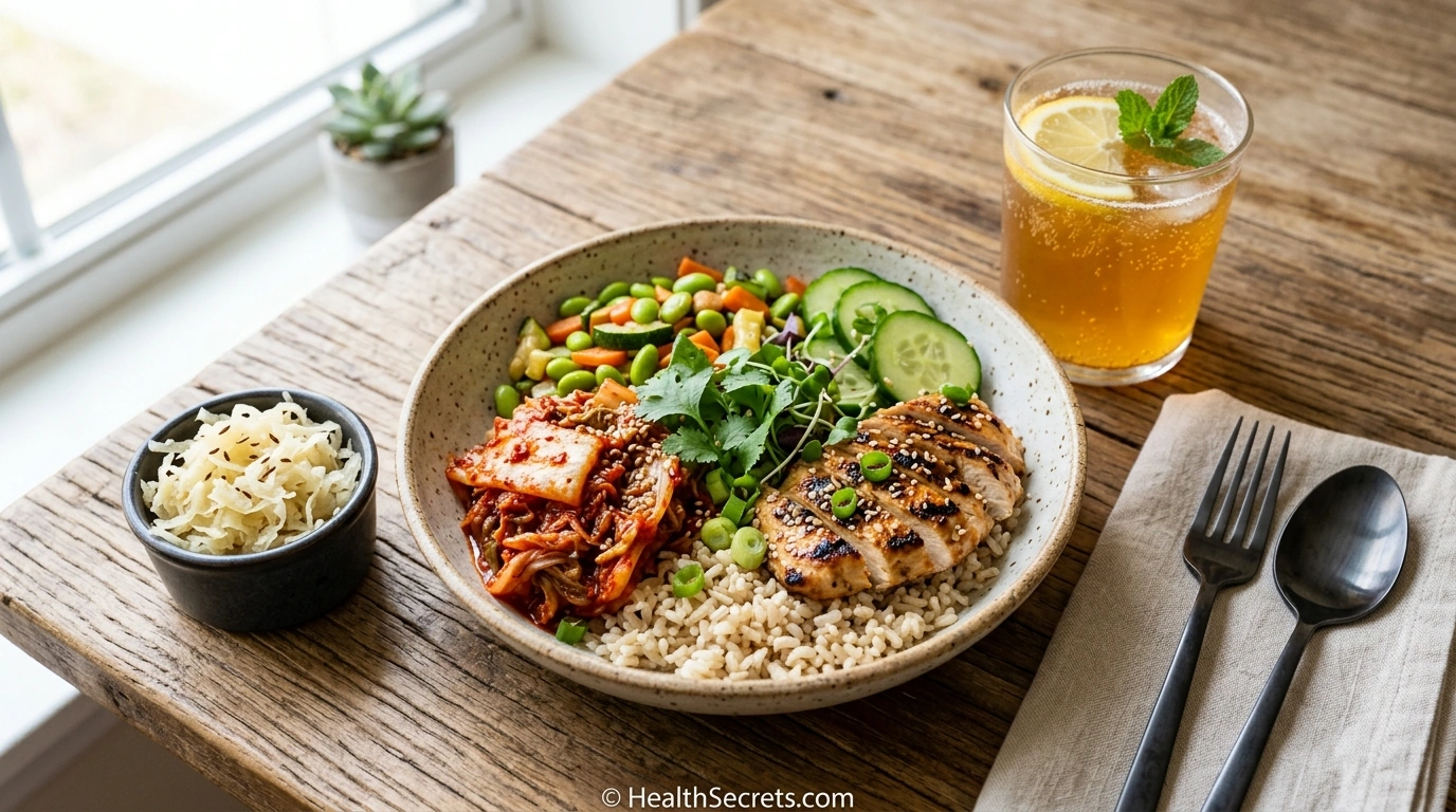 Everyday meal showing how to incorporate fermented foods like kimchi and sauerkraut into a balanced diet