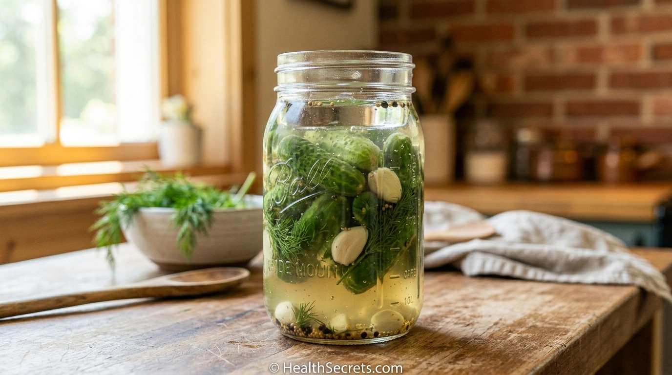 Mason jar of lacto-fermented pickles with dill and garlic showing active fermentation bubbles
