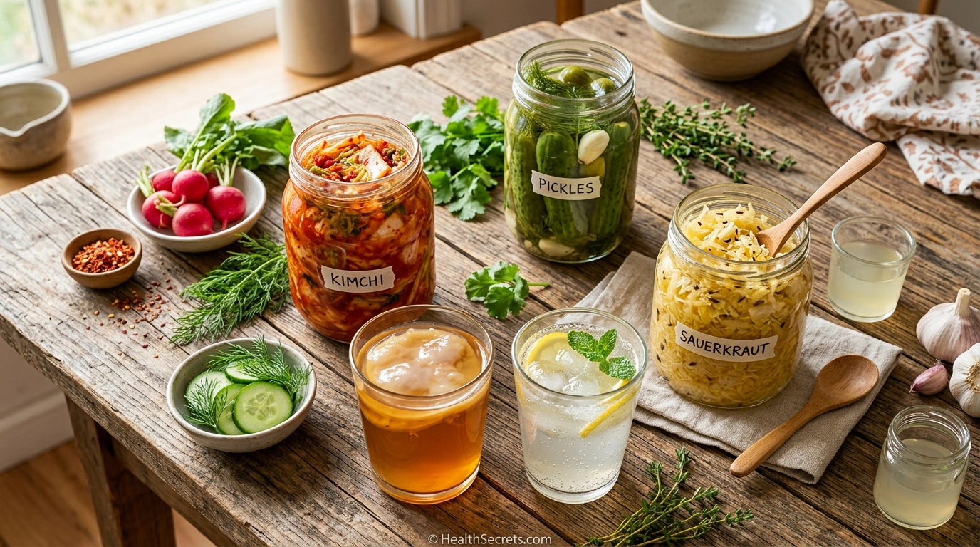 Variety of homemade fermented foods including sauerkraut, kimchi, pickles, water kefir, and kombucha in glass jars on a wooden table