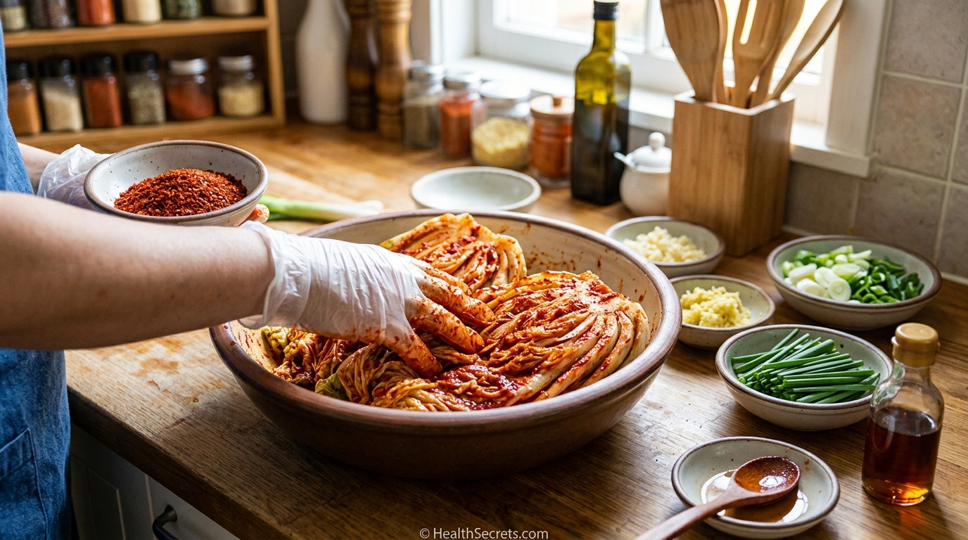 Homemade kimchi preparation showing napa cabbage being coated with Korean chili paste and traditional ingredients
