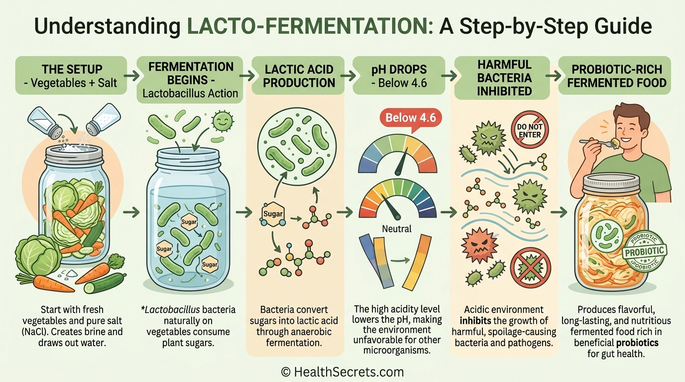 Infographic explaining the lacto-fermentation process from vegetables and salt to probiotic-rich fermented food