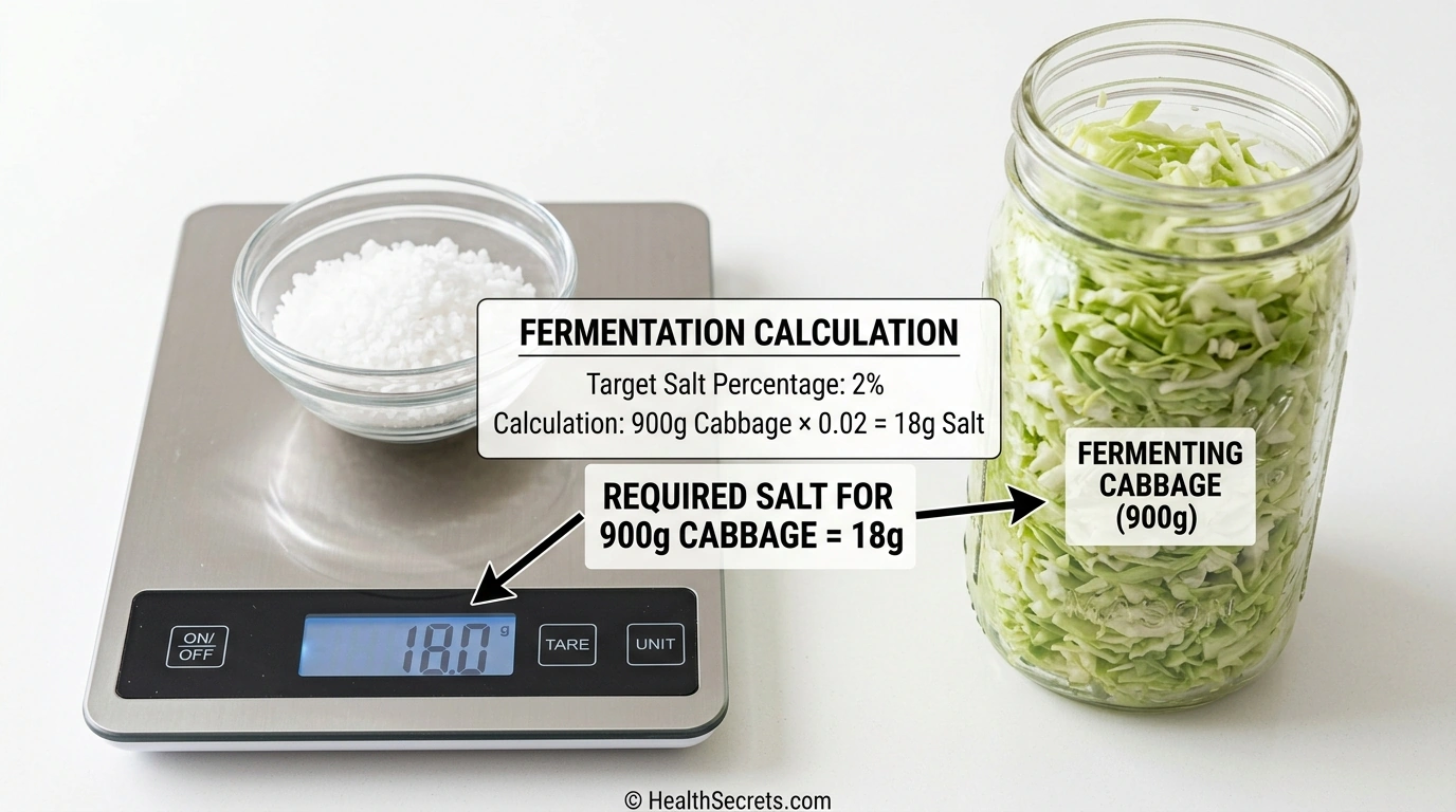 Measuring fermentation salt ratio on a digital kitchen scale showing 2 percent salt calculation for sauerkraut
