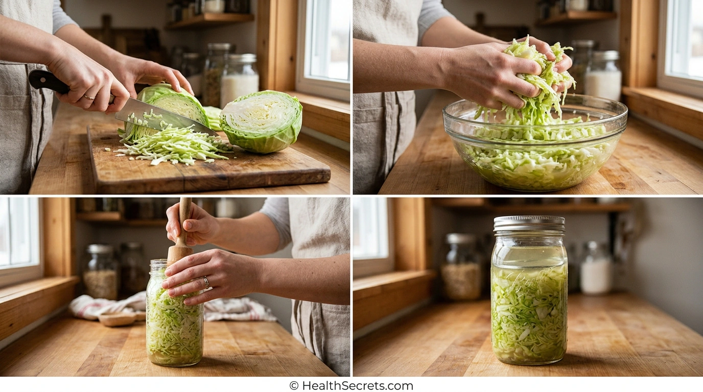 Step-by-step process of making homemade sauerkraut showing slicing, salting, packing, and fermenting cabbage