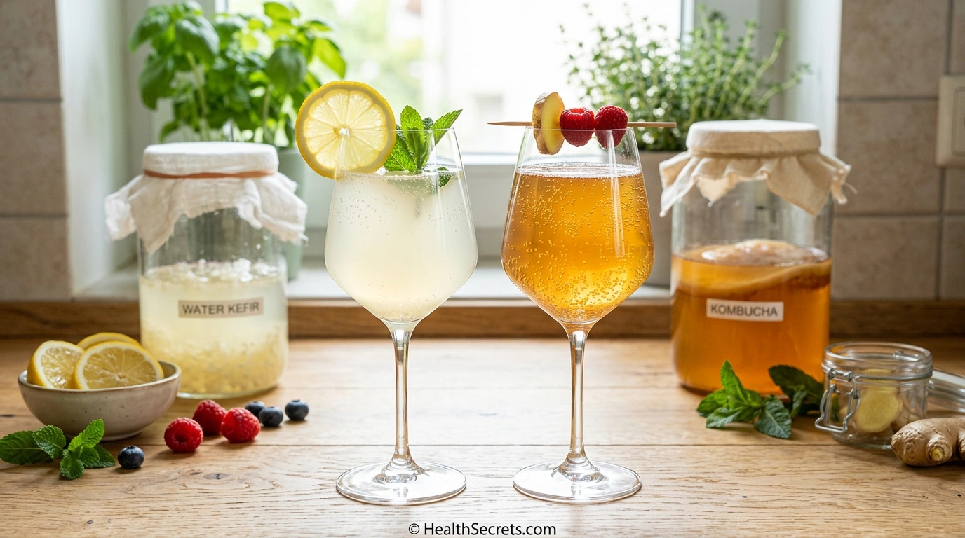 Glasses of homemade water kefir and kombucha probiotic beverages with fermentation vessels in background