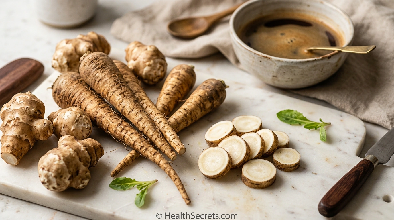 Chicory root and Jerusalem artichokes, the two most prebiotic-dense foods, displayed with chicory root coffee