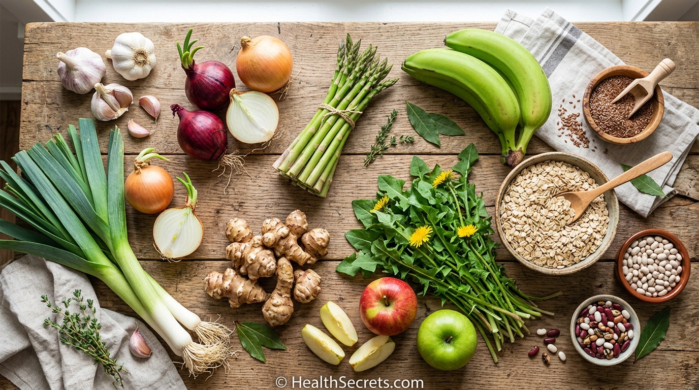 Top prebiotic foods including garlic, onions, leeks, asparagus, bananas, Jerusalem artichokes, oats, and beans arranged on a wooden table