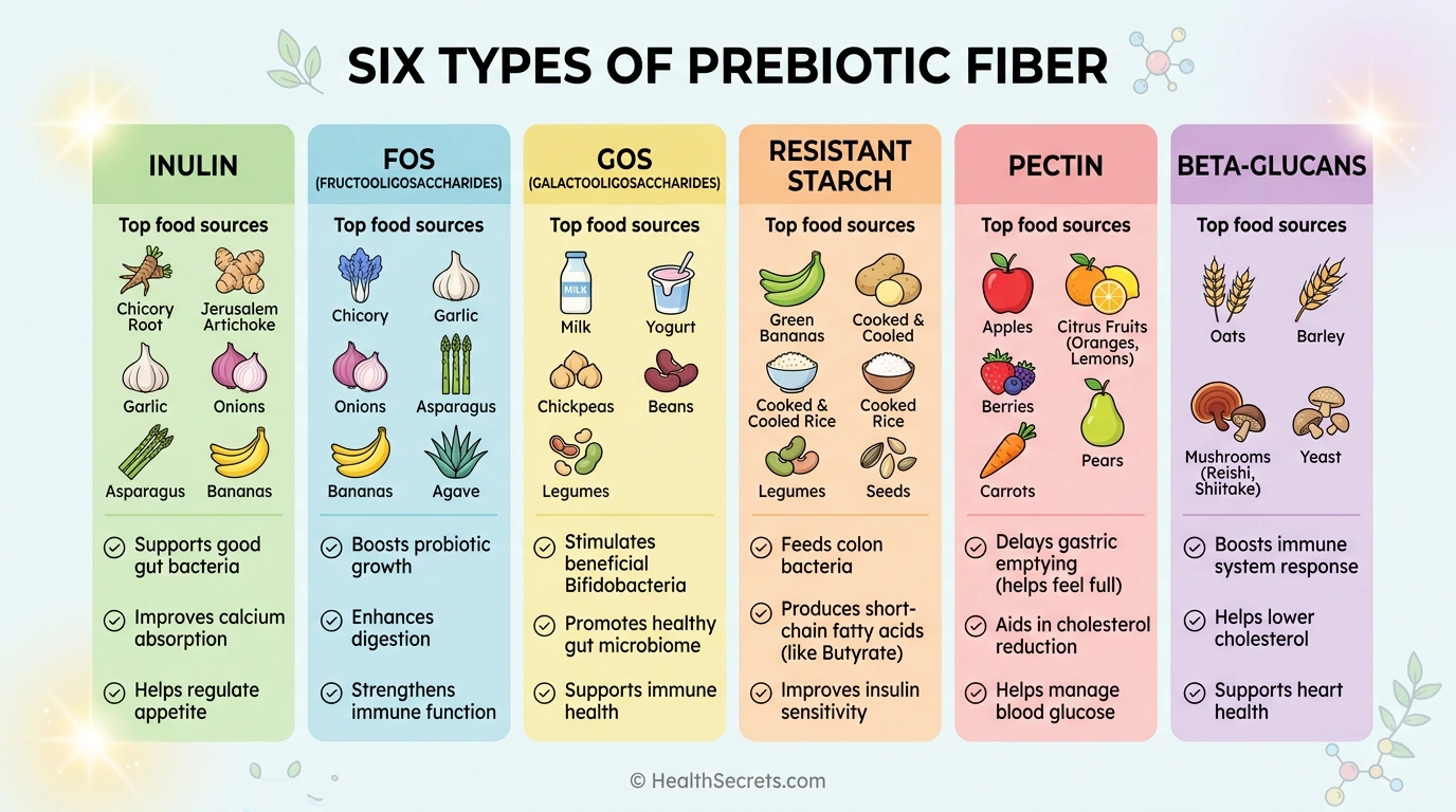 Infographic showing six types of prebiotic fiber including inulin, FOS, GOS, resistant starch, pectin, and beta-glucans with food sources