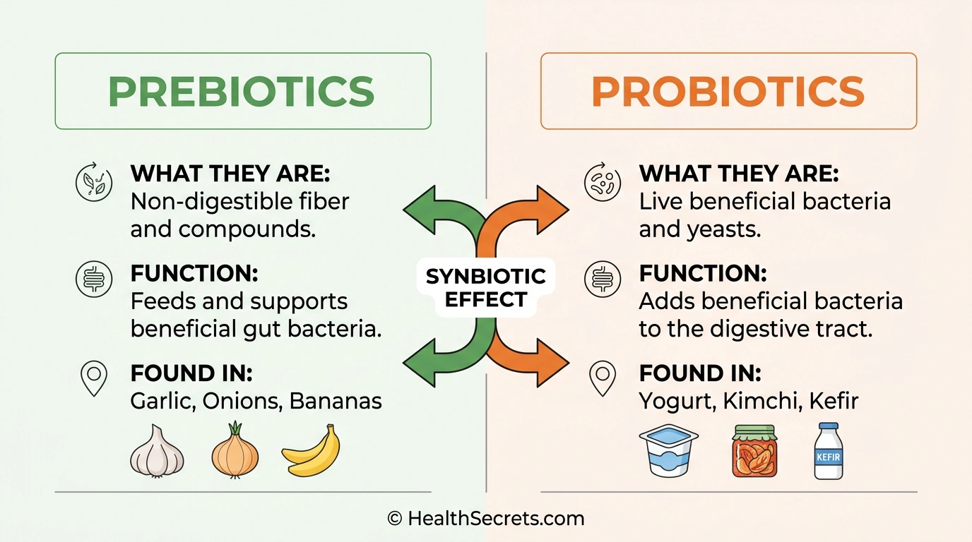Visual comparison of prebiotics versus probiotics showing how they work together for gut health