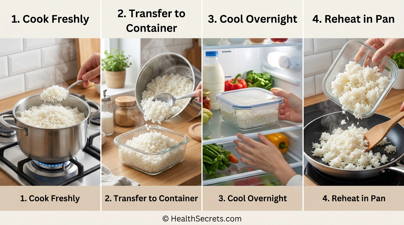 Step-by-step guide showing how cooking and cooling potatoes and rice increases resistant starch content