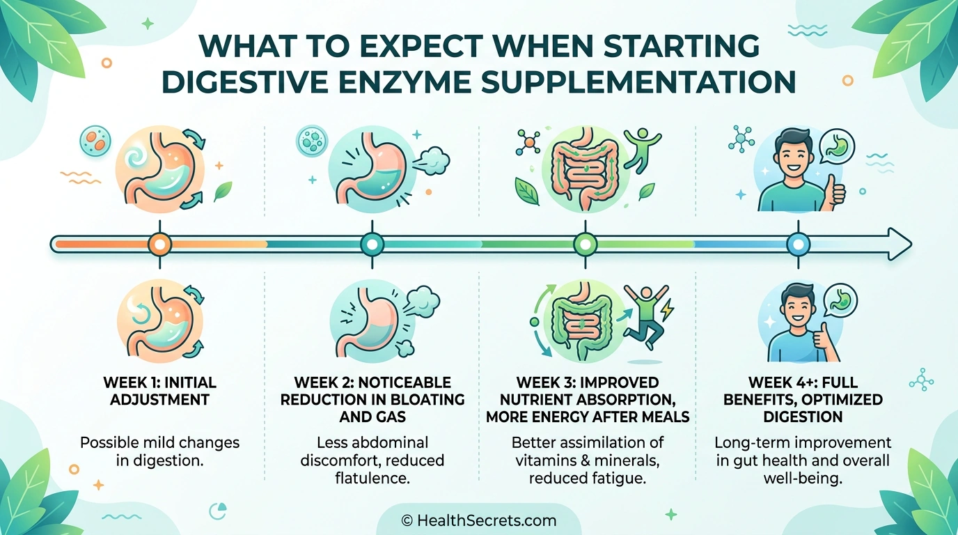 Timeline showing expected results from digestive enzyme supplementation over four weeks