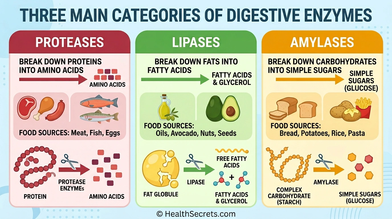 Diagram showing three types of digestive enzymes - proteases for proteins, lipases for fats, and amylases for carbohydrates