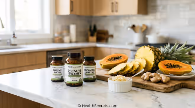 Best digestive enzyme supplements arranged with natural enzyme-rich foods including pineapple, papaya, and ginger