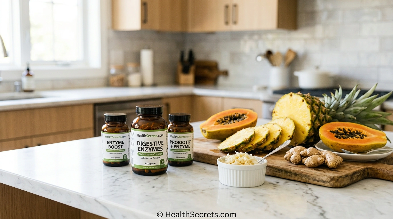 Best digestive enzyme supplements arranged with natural enzyme-rich foods including pineapple, papaya, and ginger