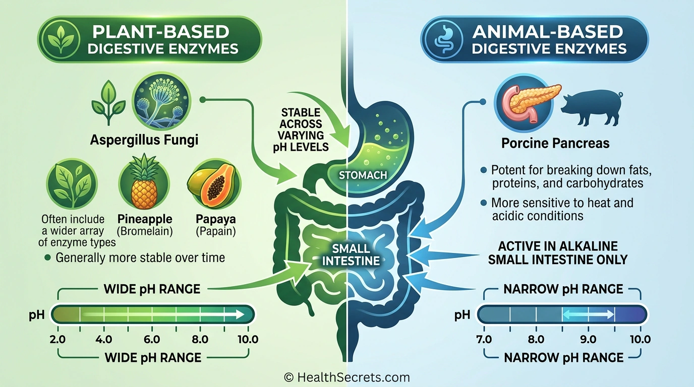 Infographic comparing plant-based versus animal-based digestive enzymes showing pH activity ranges and digestive tract coverage