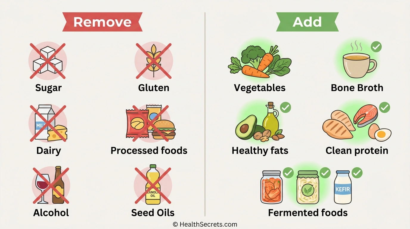 Infographic showing foods to eliminate and foods to add during a 7-day gut reset protocol