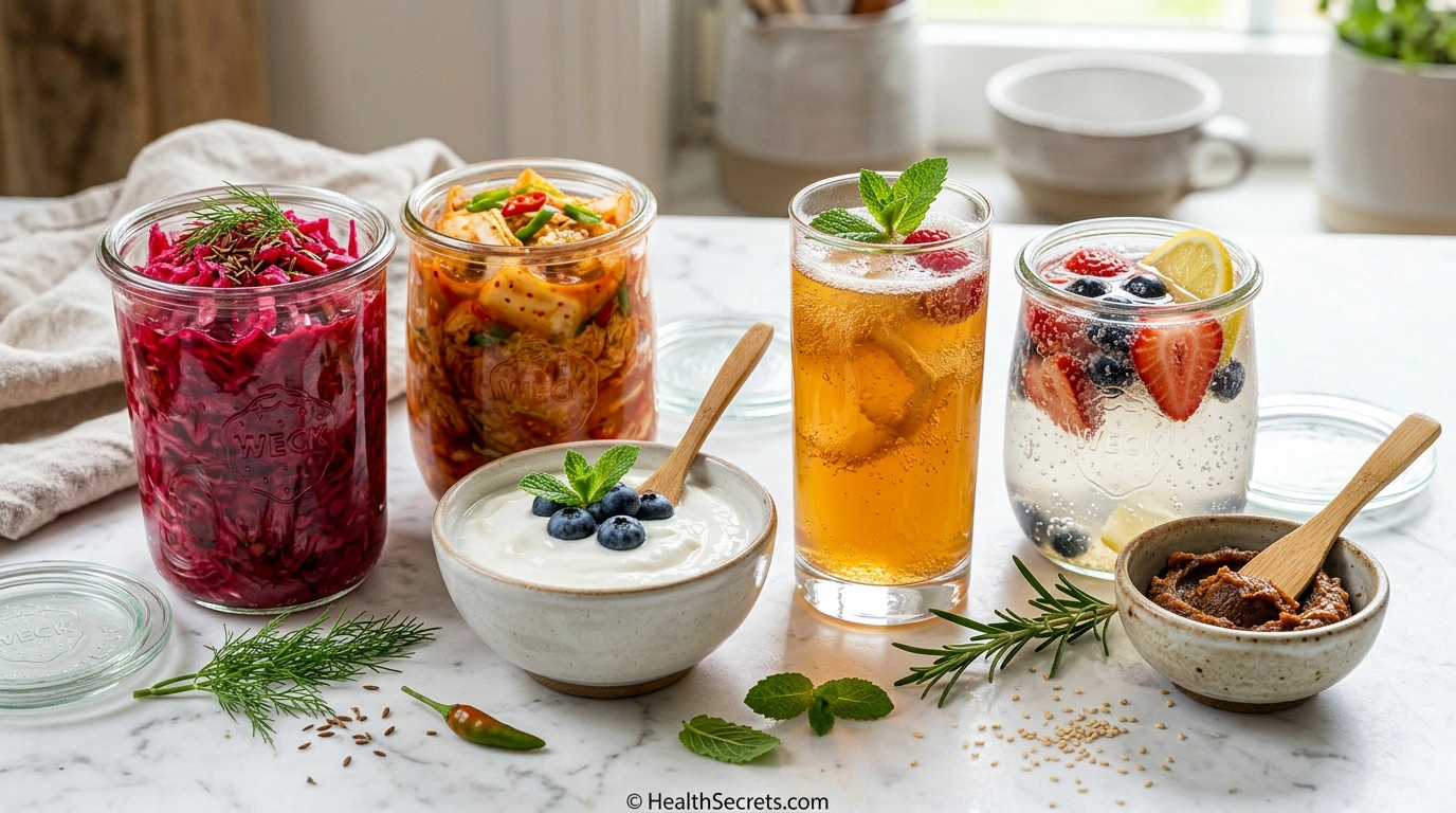 Variety of fermented foods for gut reset including sauerkraut, kimchi, coconut yogurt, kombucha, water kefir, and miso