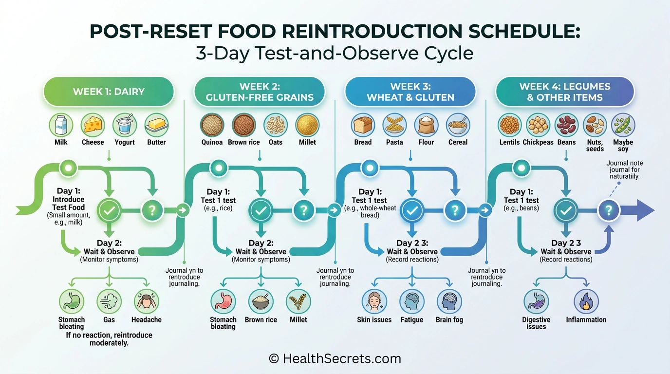 Food reintroduction timeline after 7-day gut reset showing systematic 4-week schedule for testing eliminated foods