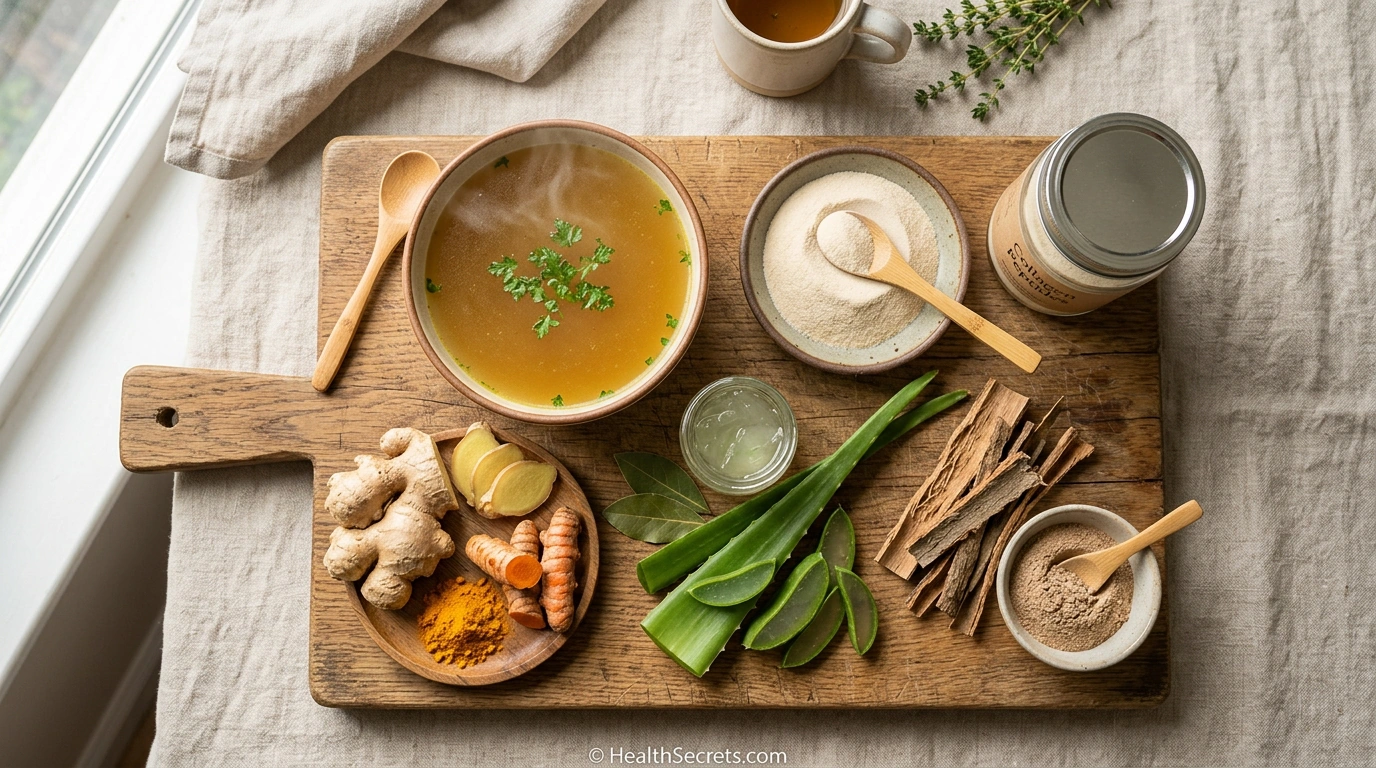 Gut-healing foods for intestinal repair including bone broth, collagen peptides, ginger, turmeric, and aloe vera