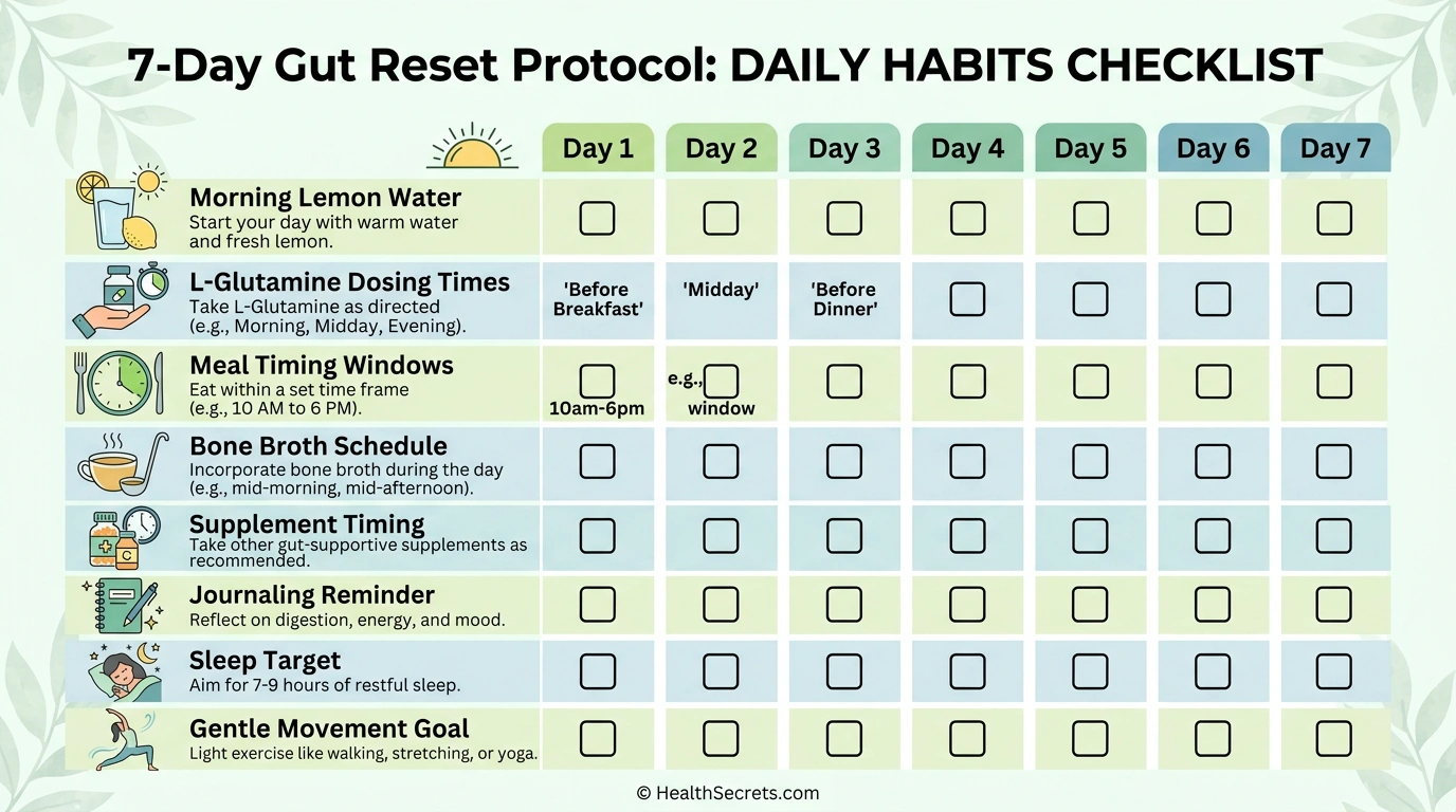 Printable daily checklist for 7-day gut reset protocol showing supplement timing, meal schedule, and wellness habits