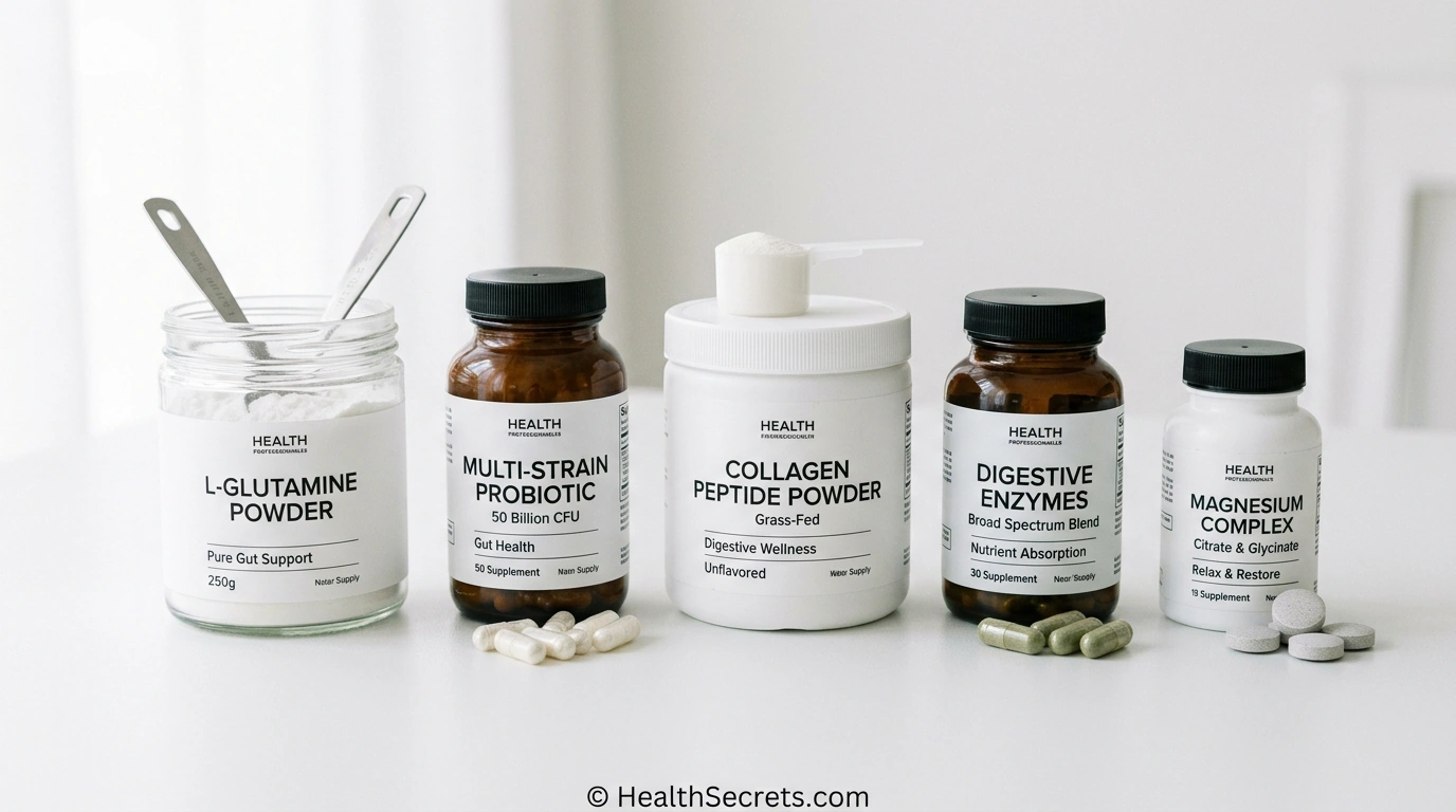 Essential supplements for a 7-day gut reset protocol including L-glutamine, probiotics, collagen peptides, digestive enzymes, and magnesium