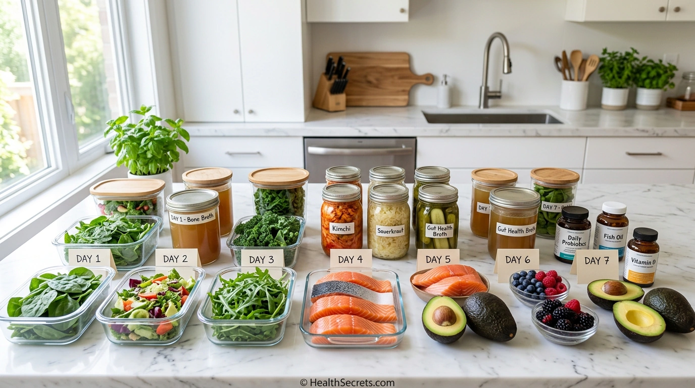 7-day gut reset protocol meal prep layout showing colorful whole foods, bone broth, fermented vegetables, and supplements organized by day