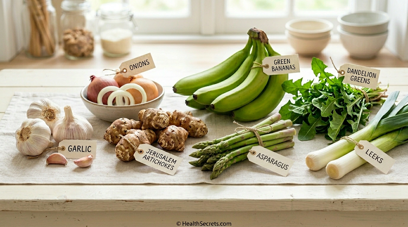 Collection of prebiotic-rich foods for gut health including garlic, onions, Jerusalem artichokes, asparagus, and green bananas