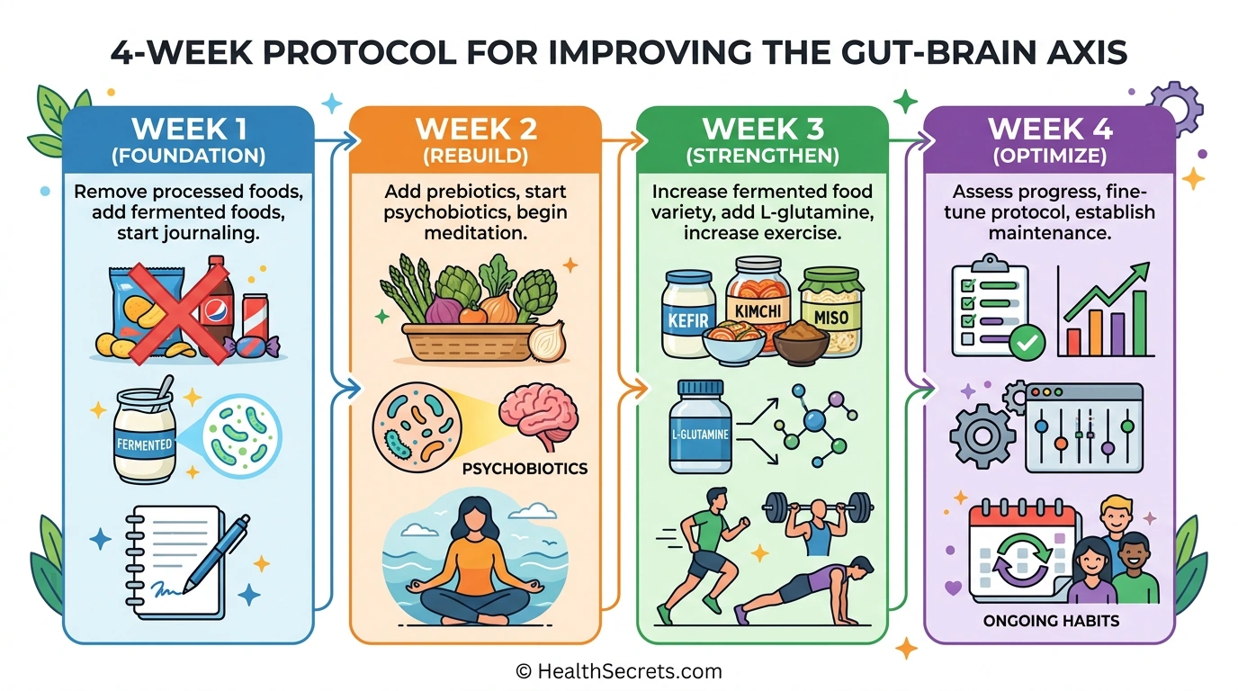 Visual 30-day gut-brain axis healing protocol timeline showing four weekly phases from foundation building to optimization