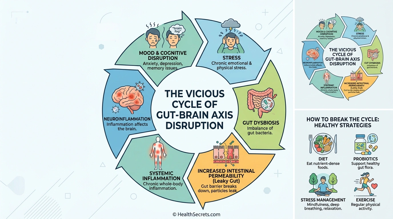 Circular diagram showing the vicious cycle of gut-brain axis disruption from stress through dysbiosis, inflammation, and mood disruption with strategies to break the cycle