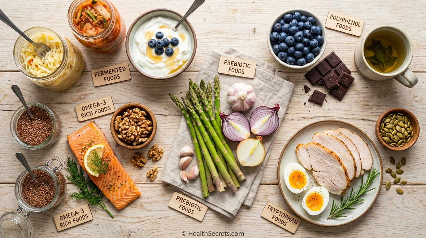 Flat-lay of gut-brain axis supporting foods including fermented foods, omega-3 rich fish, polyphenol fruits, prebiotic vegetables, and tryptophan sources