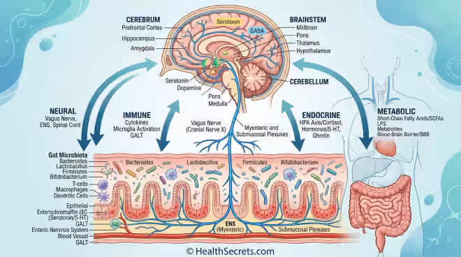 Medical illustration of the gut-brain axis showing bidirectional communication between the brain and intestines through the vagus nerve, immune, endocrine, and metabolic pathways