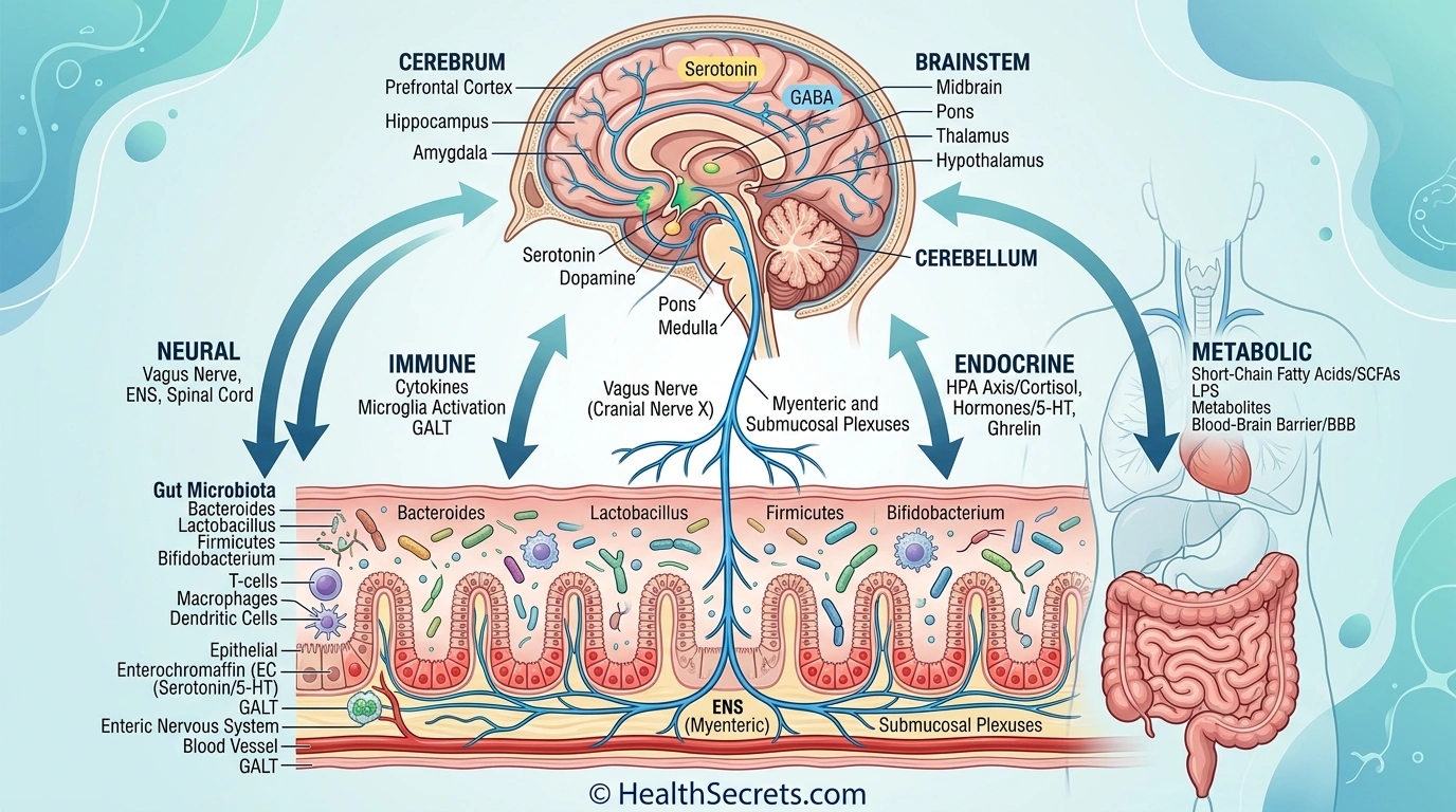 Medical illustration of the gut-brain axis showing bidirectional communication between the brain and intestines through the vagus nerve, immune, endocrine, and metabolic pathways